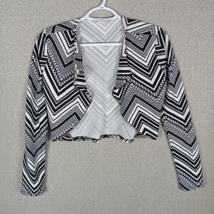 Miley And Molly Crop Blazer Jacket Womens Small Black White Geometric Open Front